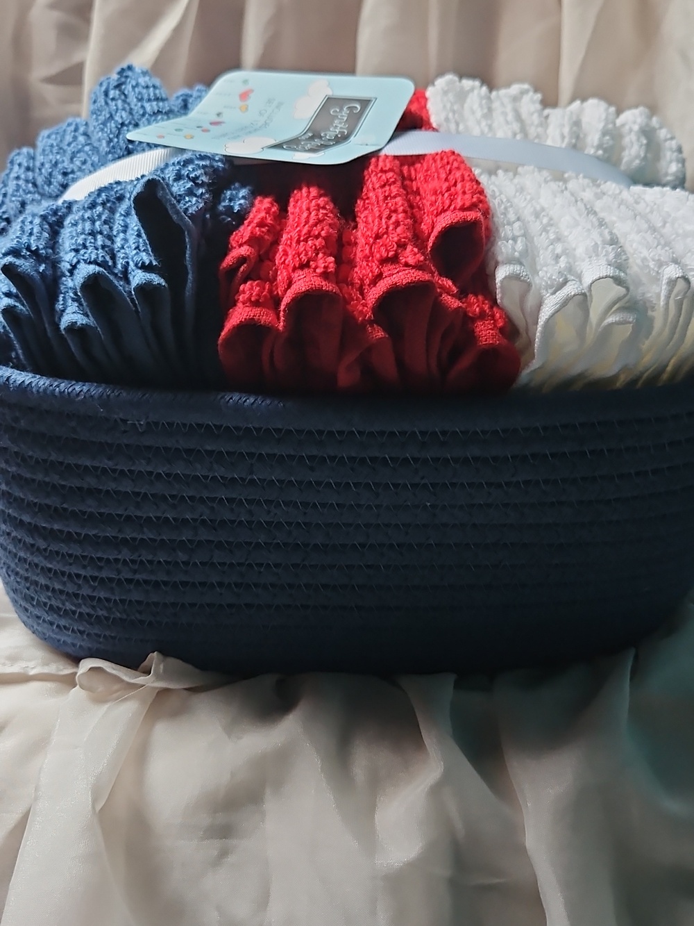 Blue Baseball Rope Basket with Red, White & Blue Washcloths - Picture 6 of 6